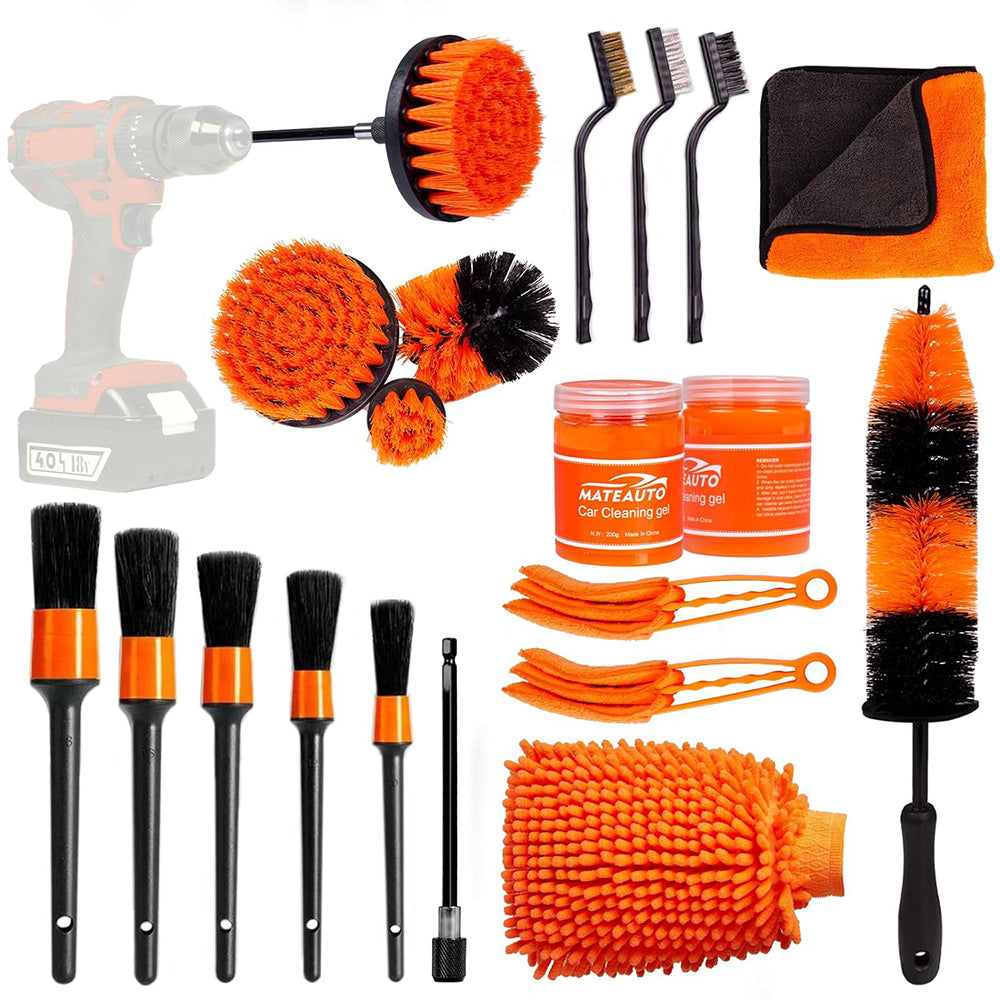 20-piece set for cleaning and maintaining vehicle interior and exterior surfaces