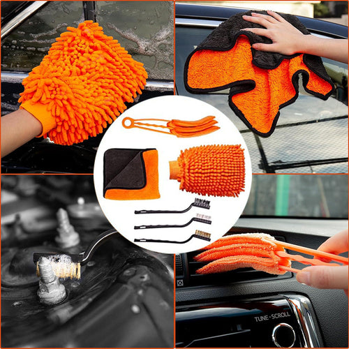 20-piece set for cleaning and maintaining vehicle interior and exterior surfaces