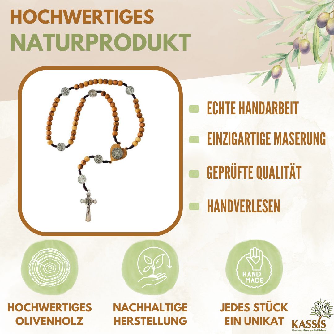 St. Benedict Olive Wood Rosary | Prayer Beads with Cross & Medal, Gift for Baptism, First Communion, Confirmation