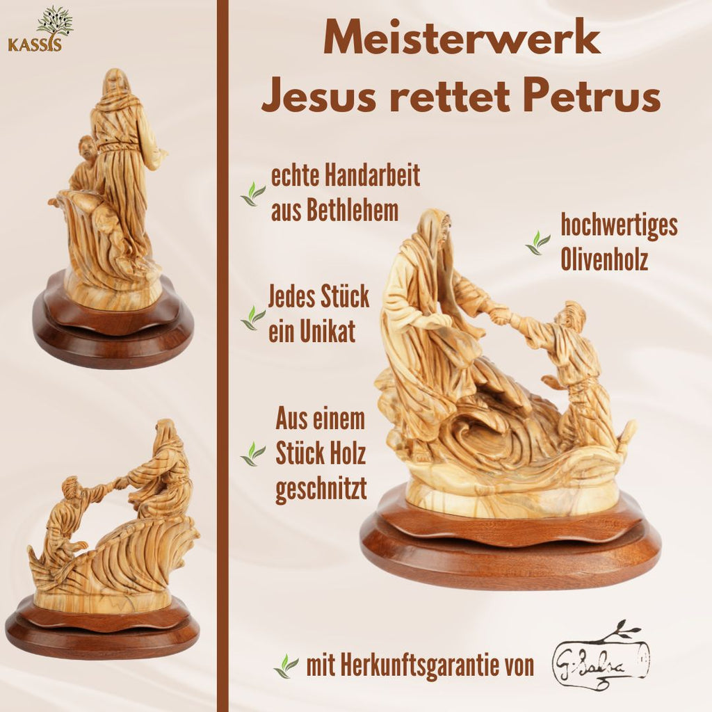 Hand-Carved "Jesus Rescues Peter" Scene – Exclusive Olive Wood Sculpture from Bethlehem (23 cm)
