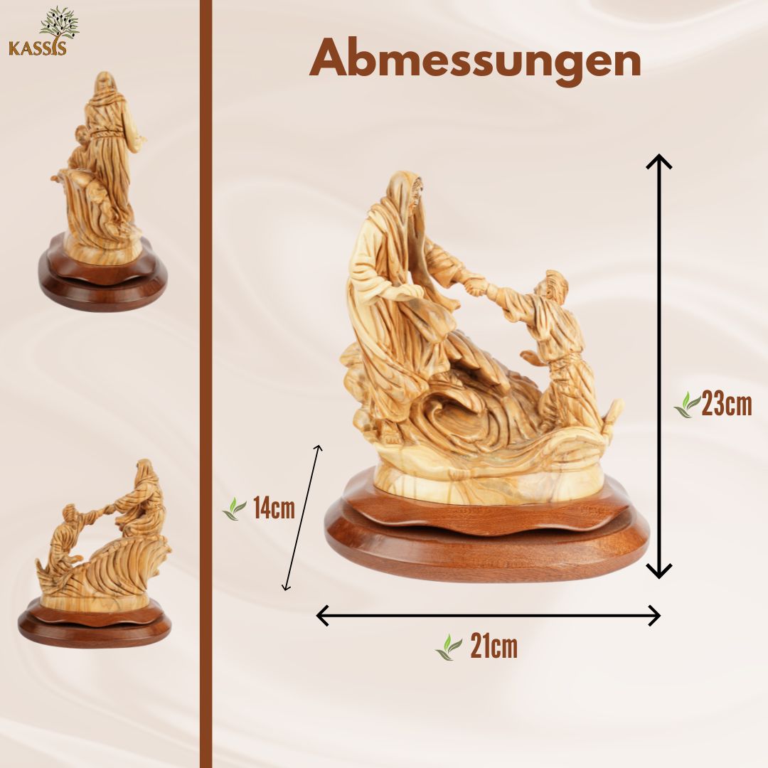 Hand-Carved "Jesus Rescues Peter" Scene – Exclusive Olive Wood Sculpture from Bethlehem (23 cm)
