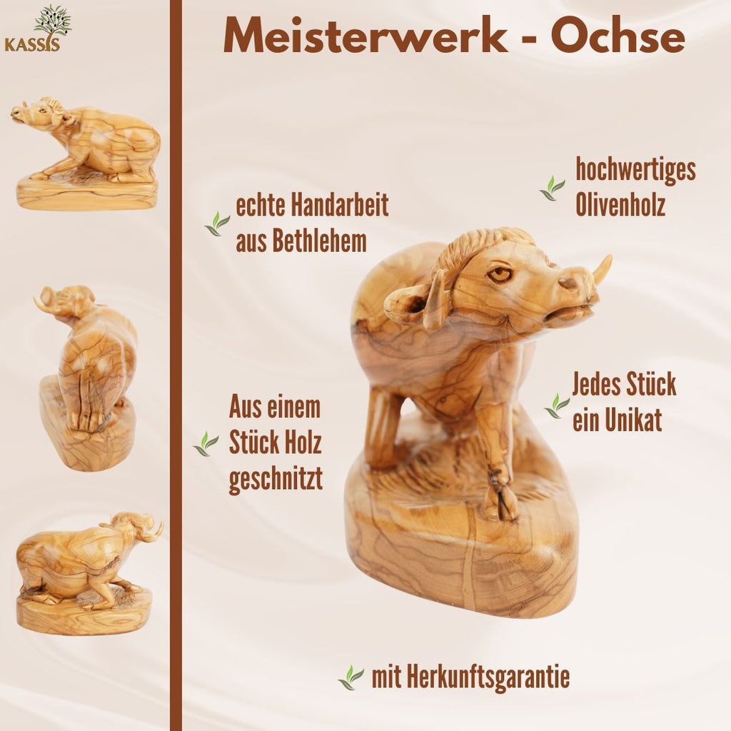 Hand-carved ox made of olive wood – Exclusive wooden sculpture from Bethlehem (18 cm)