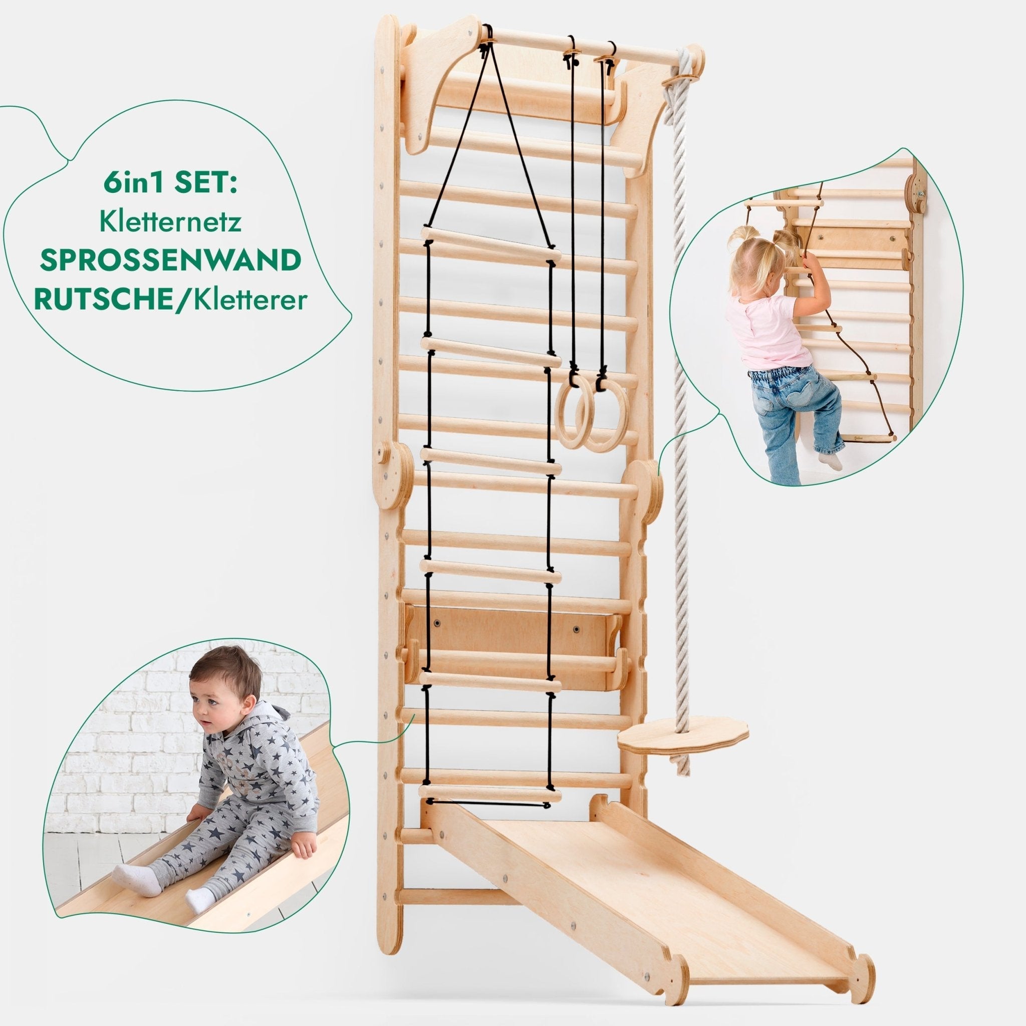 6-in-1 Indoor Climbing Wall: Wall Bars, Gymnastic Rings, Rope Ladder, Disc Swing, Slide, and Pull-up Bar for Kids