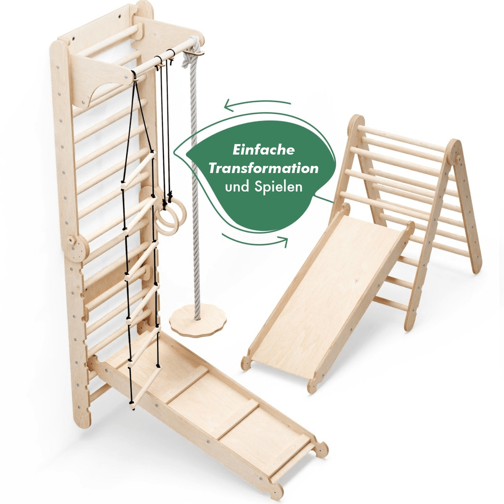 6-in-1 Indoor Climbing Wall: Wall Bars, Gymnastic Rings, Rope Ladder, Disc Swing, Slide, and Pull-up Bar for Kids
