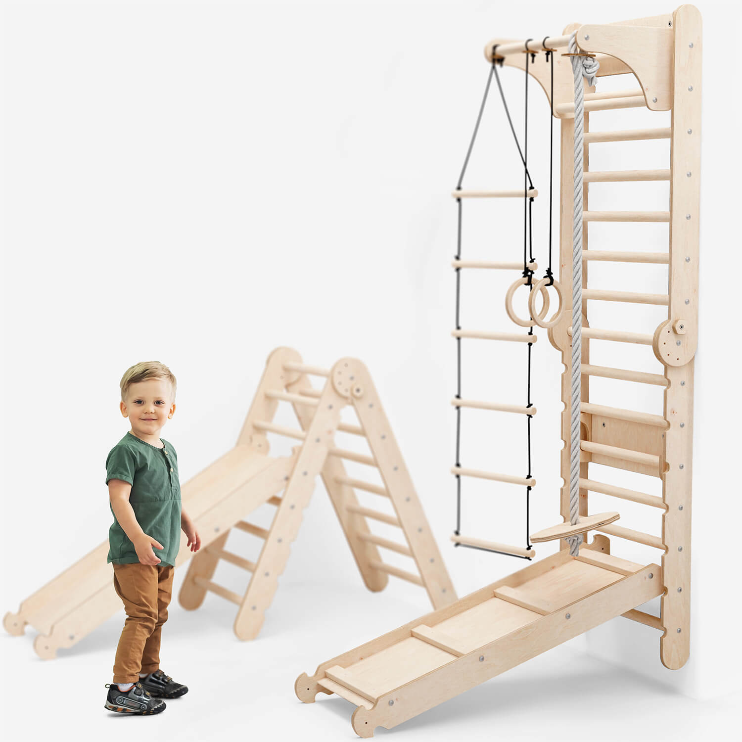 6-in-1 Indoor Climbing Wall: Wall Bars, Gymnastic Rings, Rope Ladder, Disc Swing, Slide, and Pull-up Bar for Kids