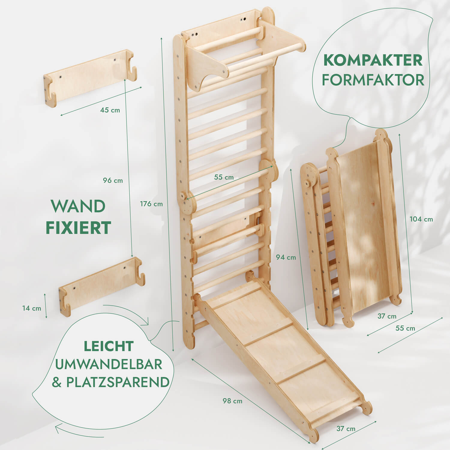 6-in-1 Indoor Climbing Wall: Wall Bars, Gymnastic Rings, Rope Ladder, Disc Swing, Slide, and Pull-up Bar for Kids