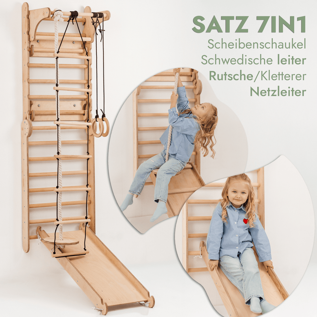 8in1 Indoor Climbing Wall: Wall Bars, Gymnastic Rings, Rope Ladder, Disc Swing, Slide, Pull-Up Bar, Chalkboard, and Children's Chair – Beige