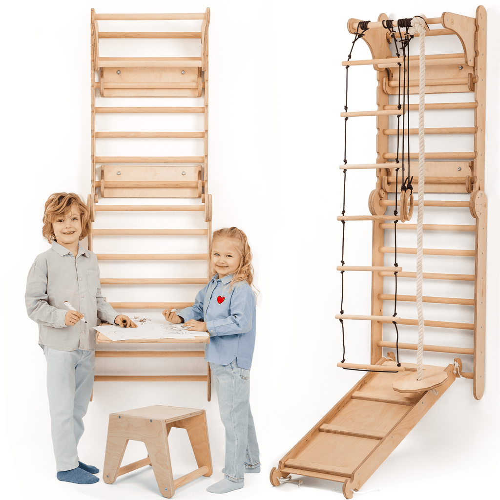 8in1 Indoor Climbing Wall: Wall Bars, Gymnastic Rings, Rope Ladder, Disc Swing, Slide, Pull-Up Bar, Chalkboard, and Children's Chair – Beige
