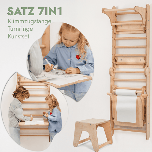 8in1 Indoor Climbing Wall: Wall Bars, Gymnastic Rings, Rope Ladder, Disc Swing, Slide, Pull-Up Bar, Chalkboard, and Children's Chair – Beige