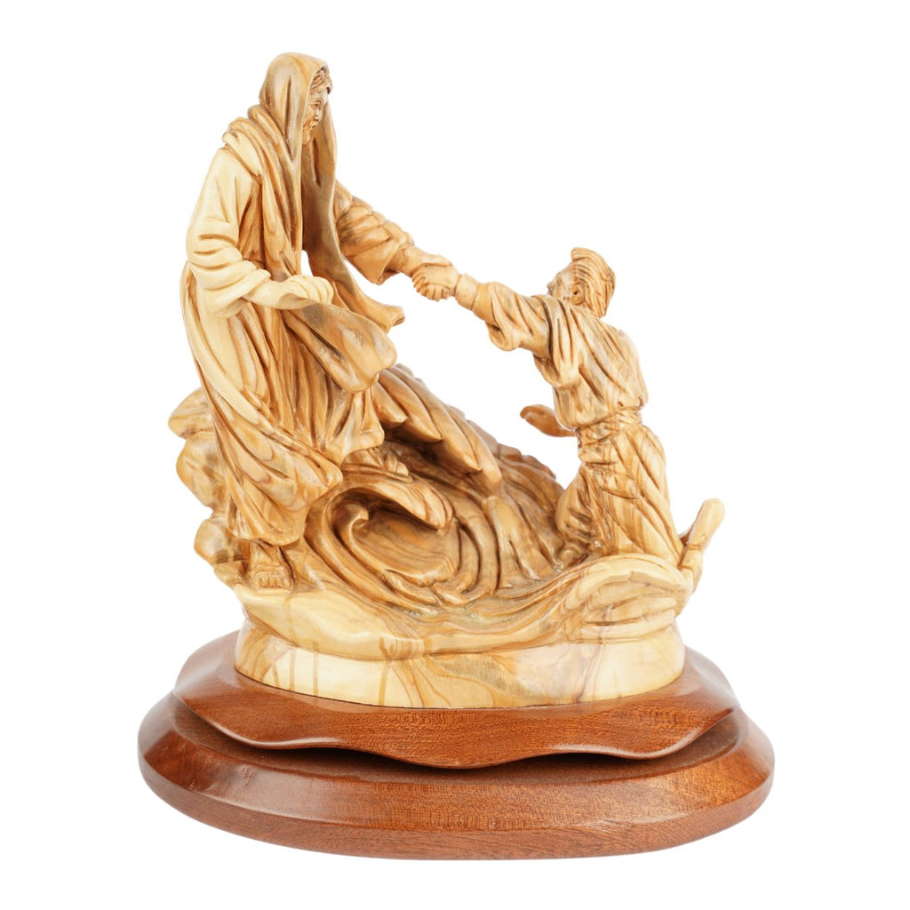 Hand-Carved "Jesus Rescues Peter" Scene – Exclusive Olive Wood Sculpture from Bethlehem (23 cm)