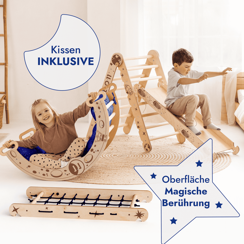 Apollo 5-in-1 Climbing Set: Pikler Triangle, Climbing Arch, Slide, Cushion, and Net for Little Astronauts