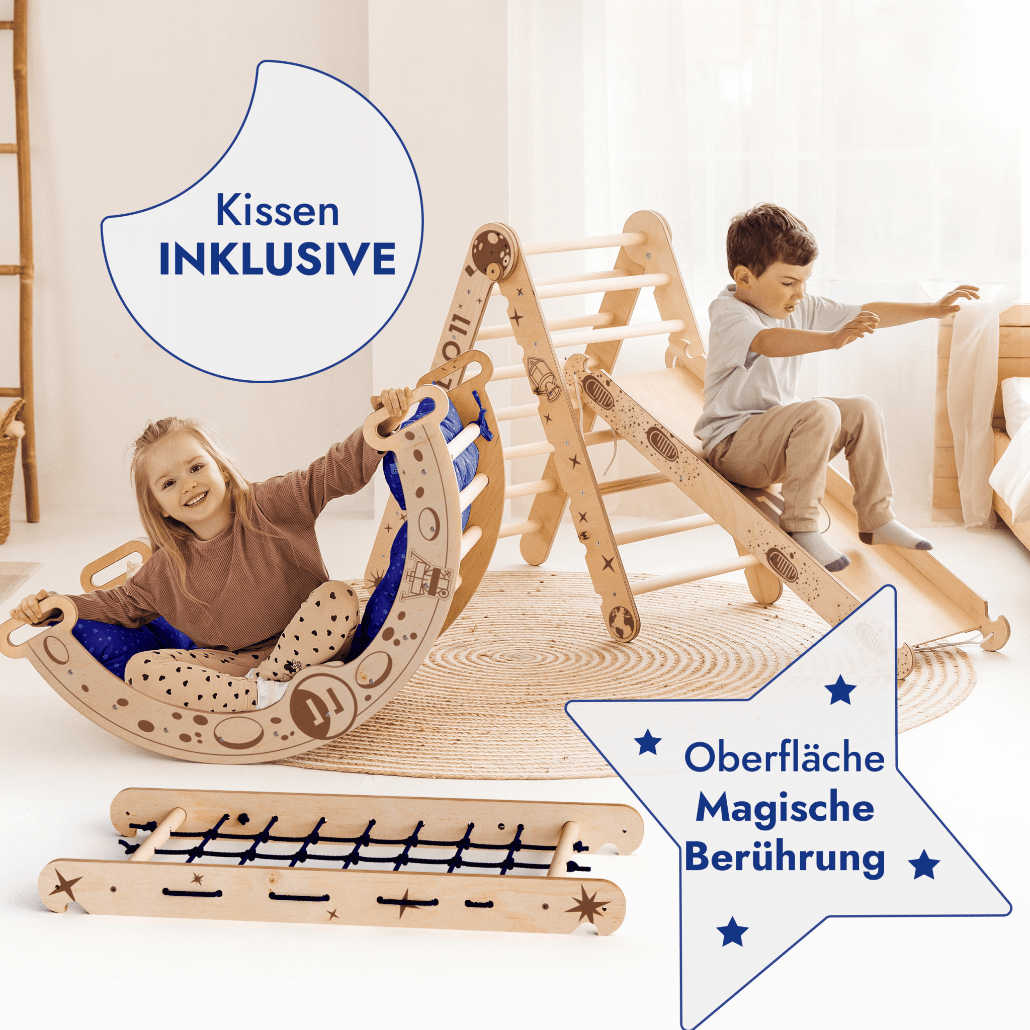 Apollo 5-in-1 Climbing Set: Pikler Triangle, Climbing Arch, Slide, Cushion, and Net for Little Astronauts