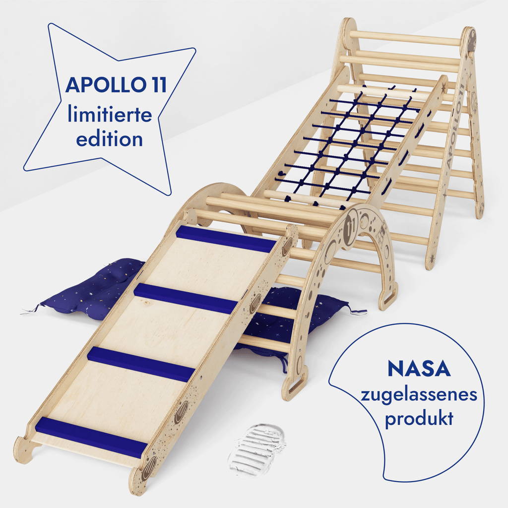 Apollo 5-in-1 Climbing Set: Pikler Triangle, Climbing Arch, Slide, Cushion, and Net for Little Astronauts
