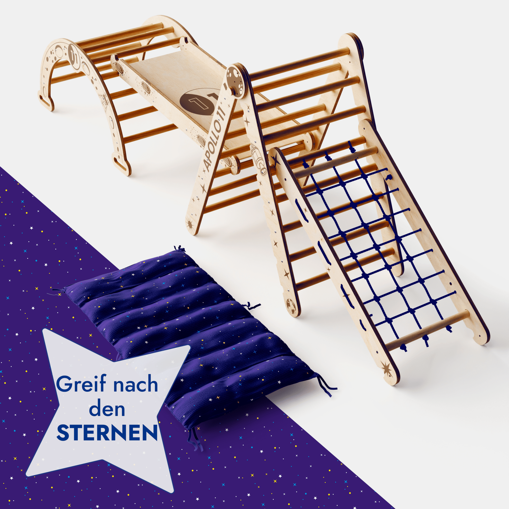 Apollo 5-in-1 Climbing Set: Pikler Triangle, Climbing Arch, Slide, Cushion, and Net for Little Astronauts