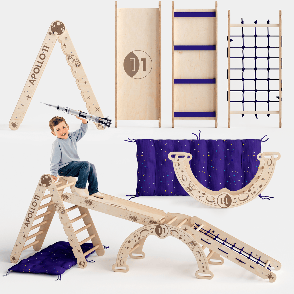 Apollo 5-in-1 Climbing Set: Pikler Triangle, Climbing Arch, Slide, Cushion, and Net for Little Astronauts