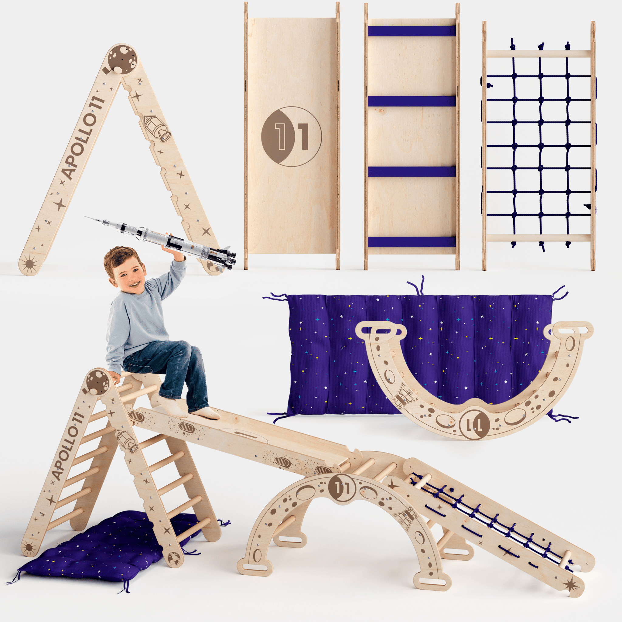 Apollo 5-in-1 Climbing Set: Pikler Triangle, Climbing Arch, Slide, Cushion, and Net for Little Astronauts