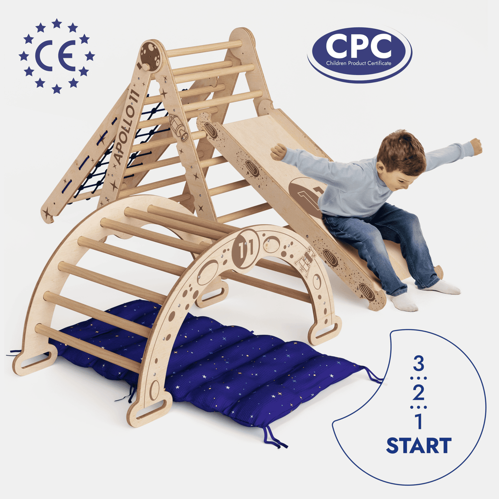 Apollo 5-in-1 Climbing Set: Pikler Triangle, Climbing Arch, Slide, Cushion, and Net for Little Astronauts