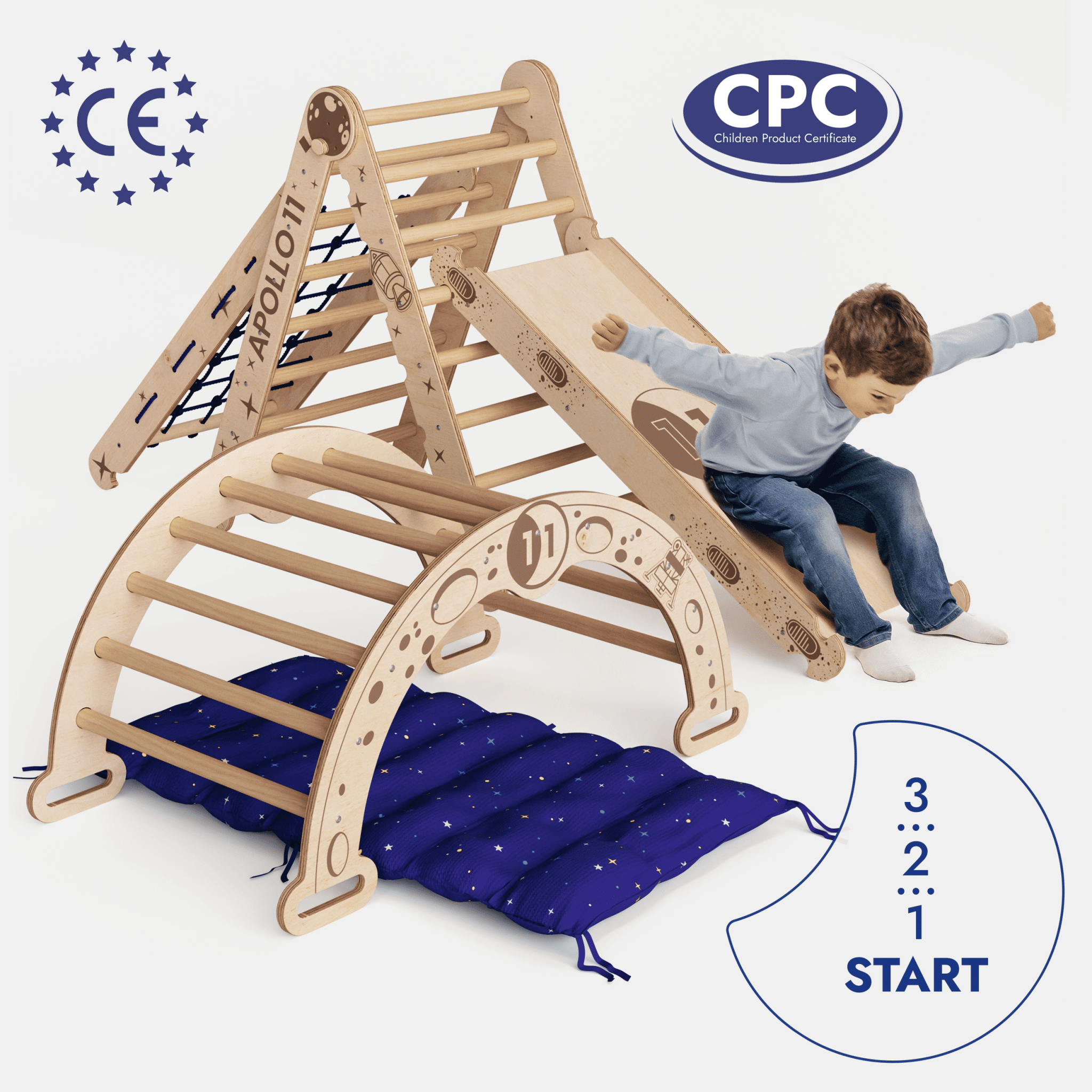 Apollo 5-in-1 Climbing Set: Pikler Triangle, Climbing Arch, Slide, Cushion, and Net for Little Astronauts