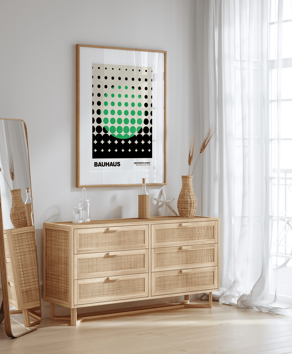 Poster Bauhaus Dots · Green Grid Design on Beige · Abstract Geometry Wall Art · Retro Modern Art Decor Print Unframed
