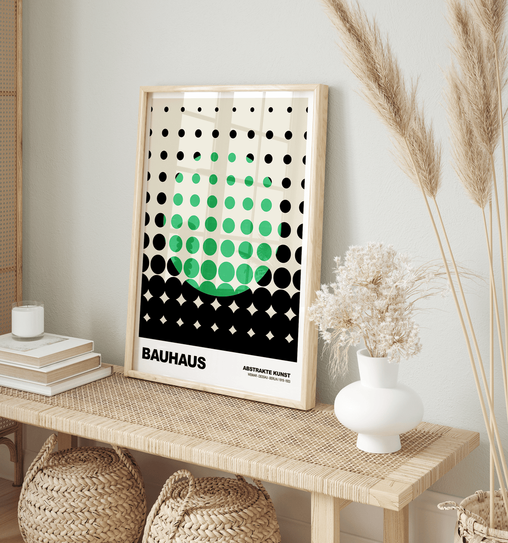 Poster Bauhaus Dots · Green Grid Design on Beige · Abstract Geometry Wall Art · Retro Modern Art Decor Print Unframed