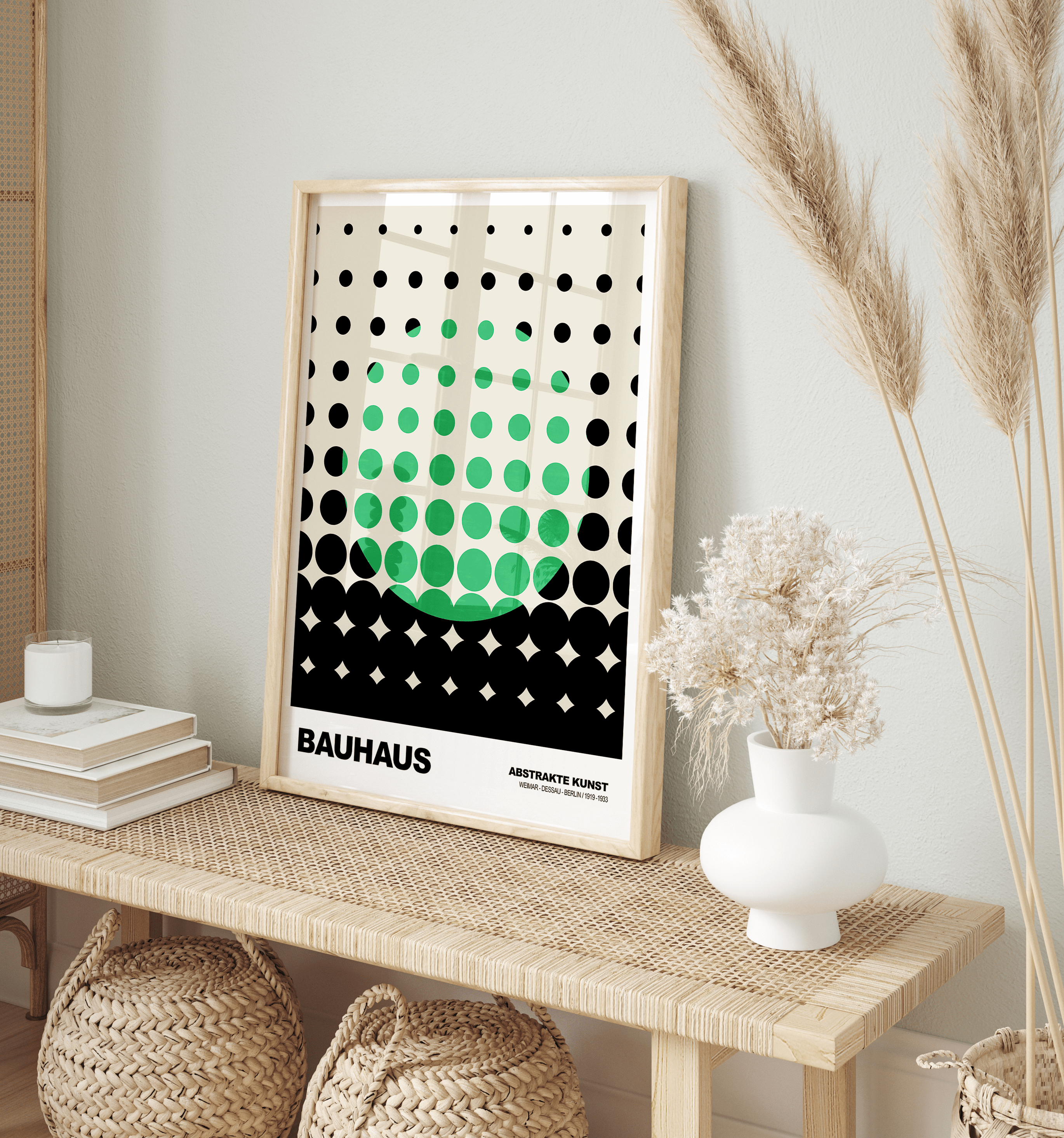 Poster Bauhaus Dots · Green Grid Design on Beige · Abstract Geometry Wall Art · Retro Modern Art Decor Print Unframed