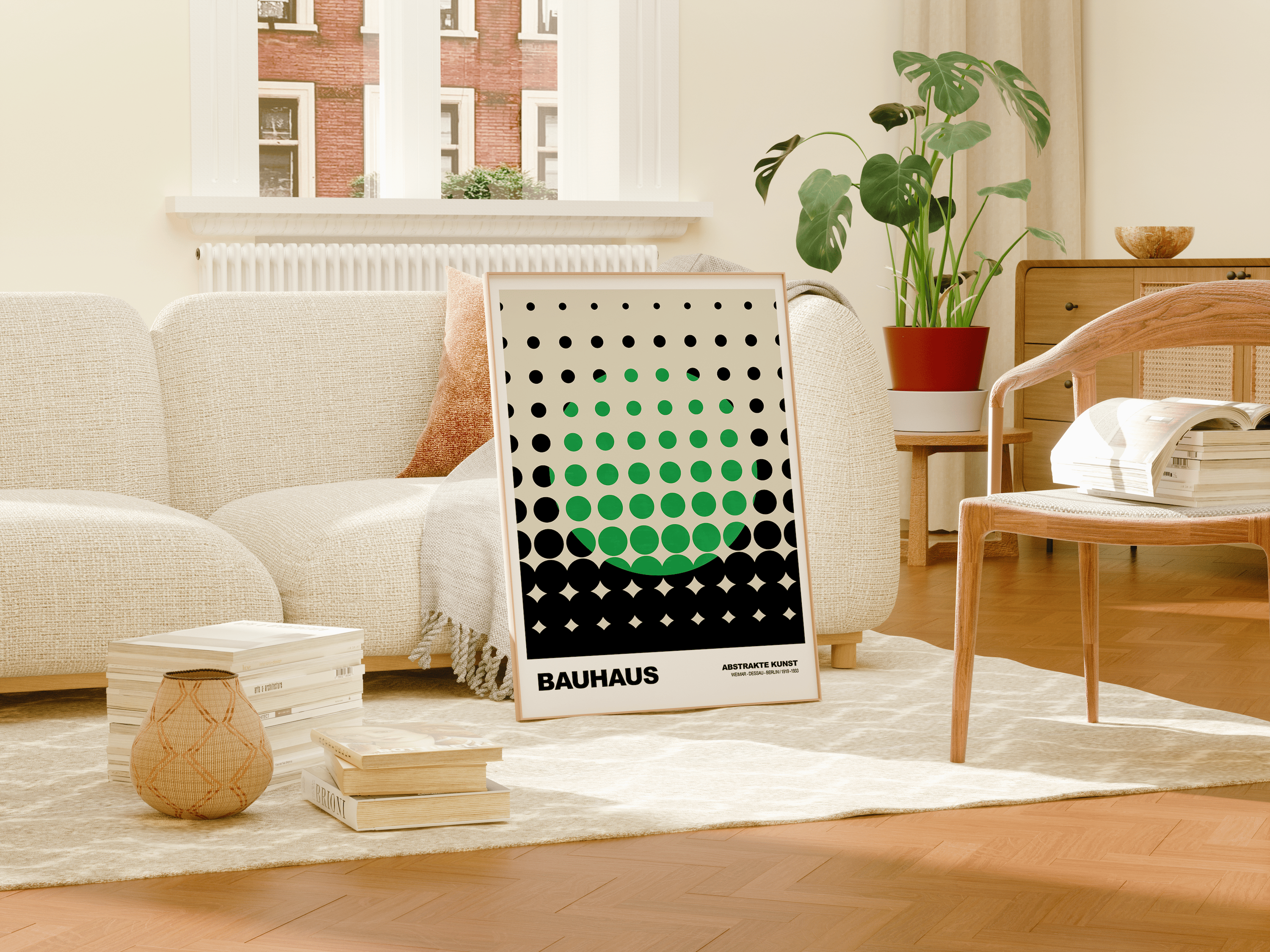 Poster Bauhaus Dots · Green Grid Design on Beige · Abstract Geometry Wall Art · Retro Modern Art Decor Print Unframed