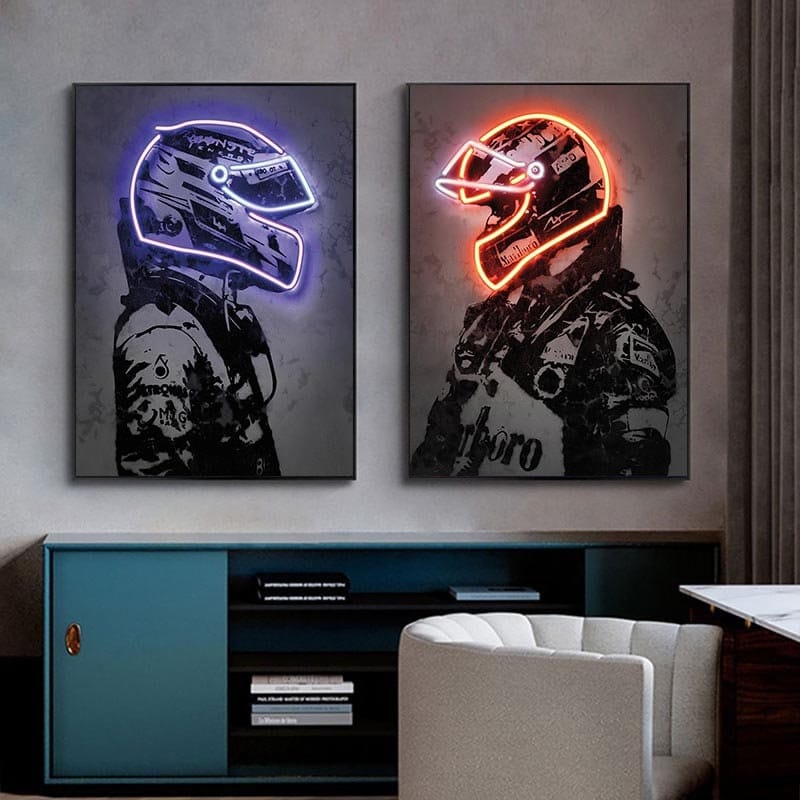 Poster Formula 1 racing driver with neon helmet as a decorative print unframed