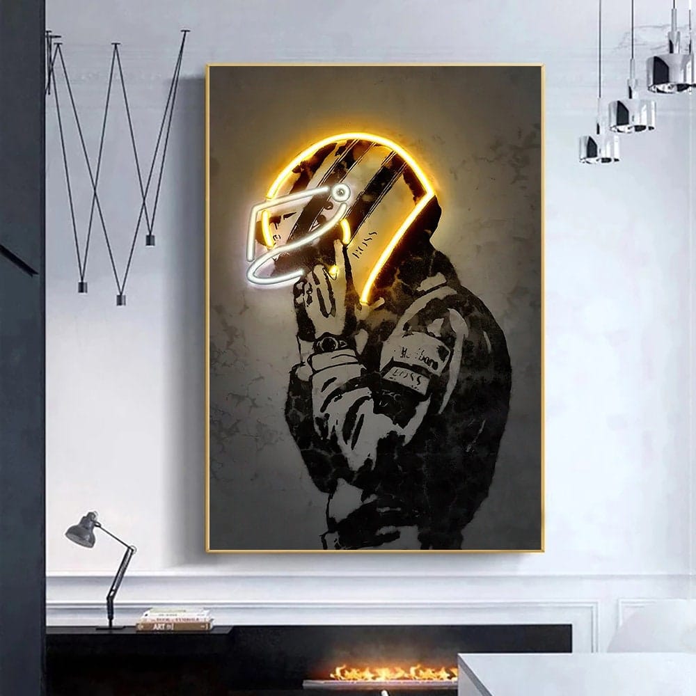 Poster Formula 1 racing driver with neon helmet as a decorative print unframed