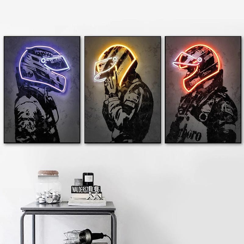 Poster Formula 1 racing driver with neon helmet as a decorative print unframed