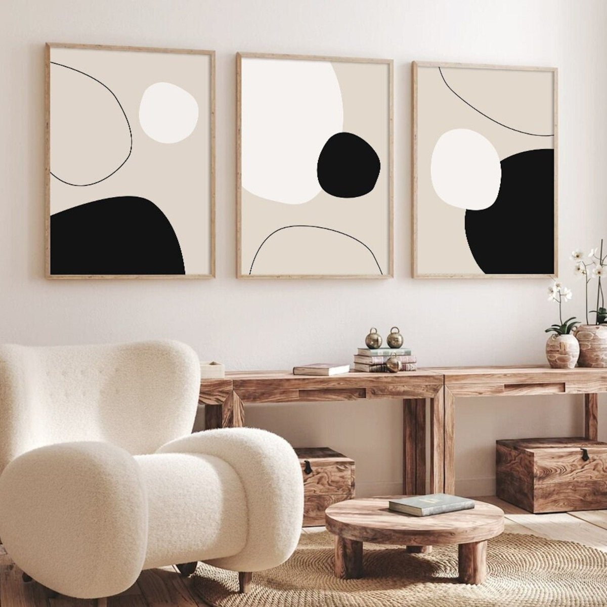 Poster with flowing lines and arches in beige and black as a decorative print, unframed