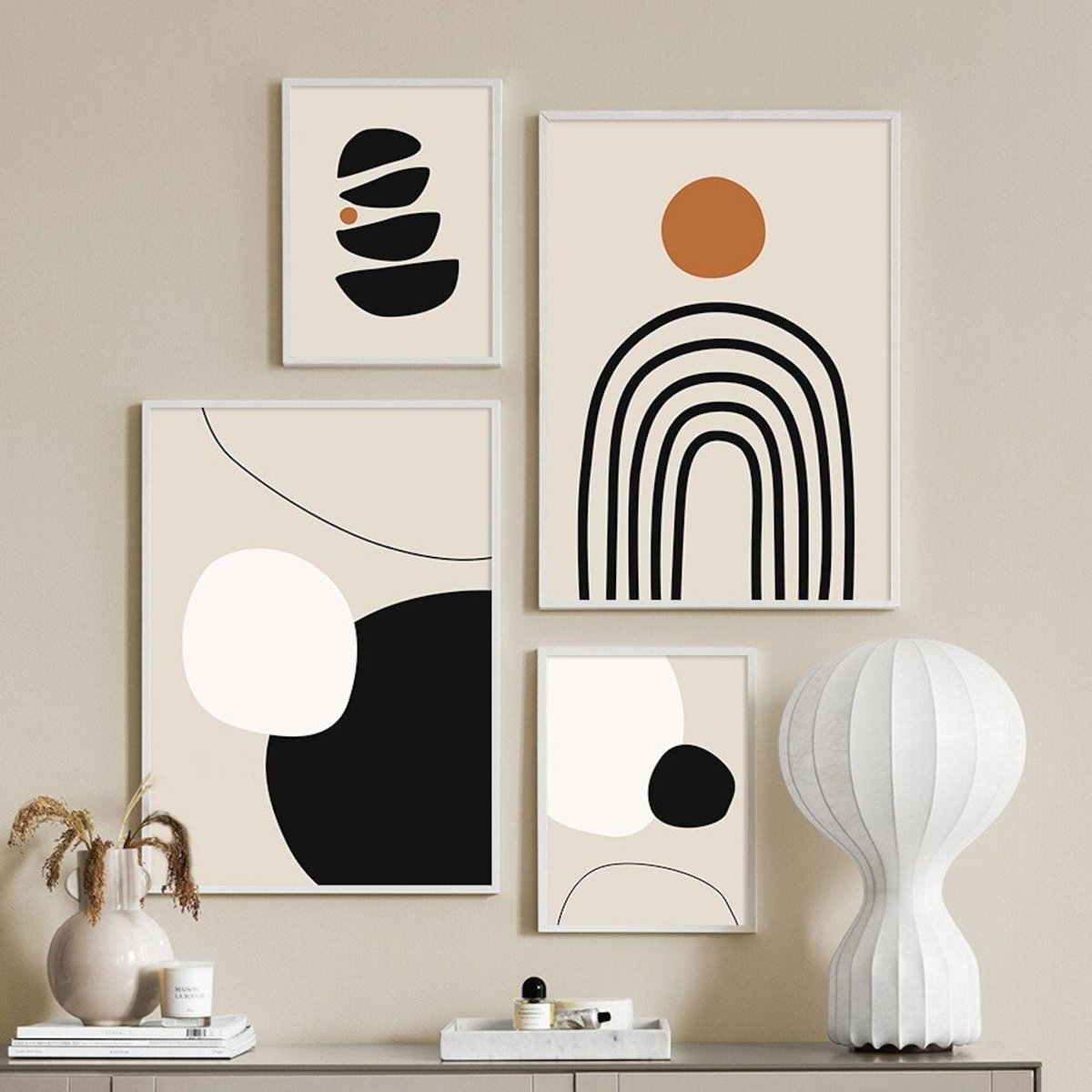 Poster with flowing lines and arches in beige and black as a decorative print, unframed