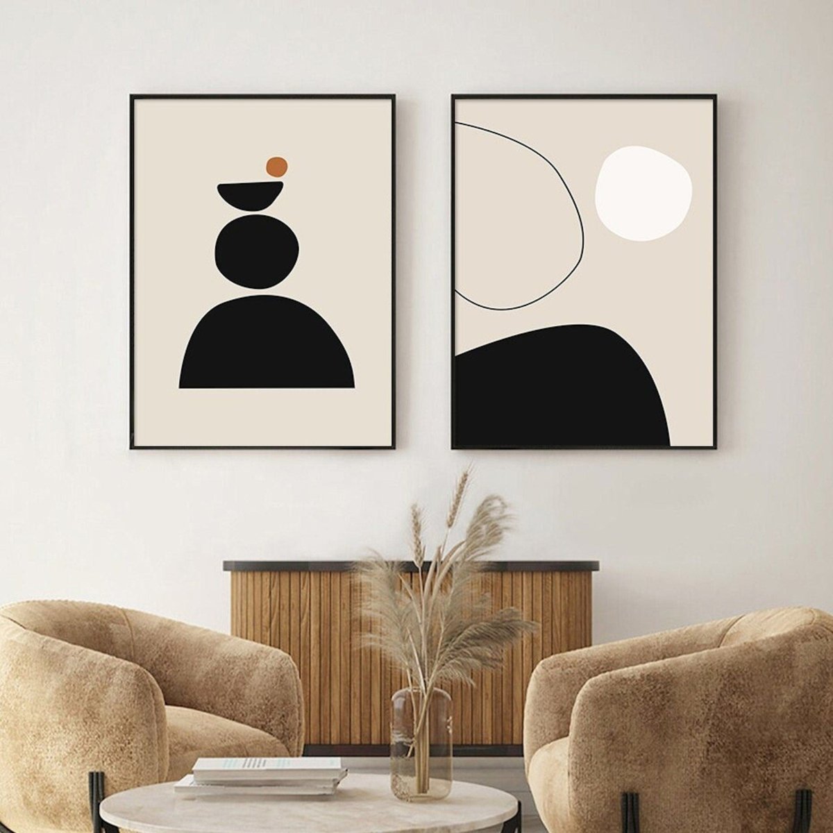 Poster with flowing lines and arches in beige and black as a decorative print, unframed