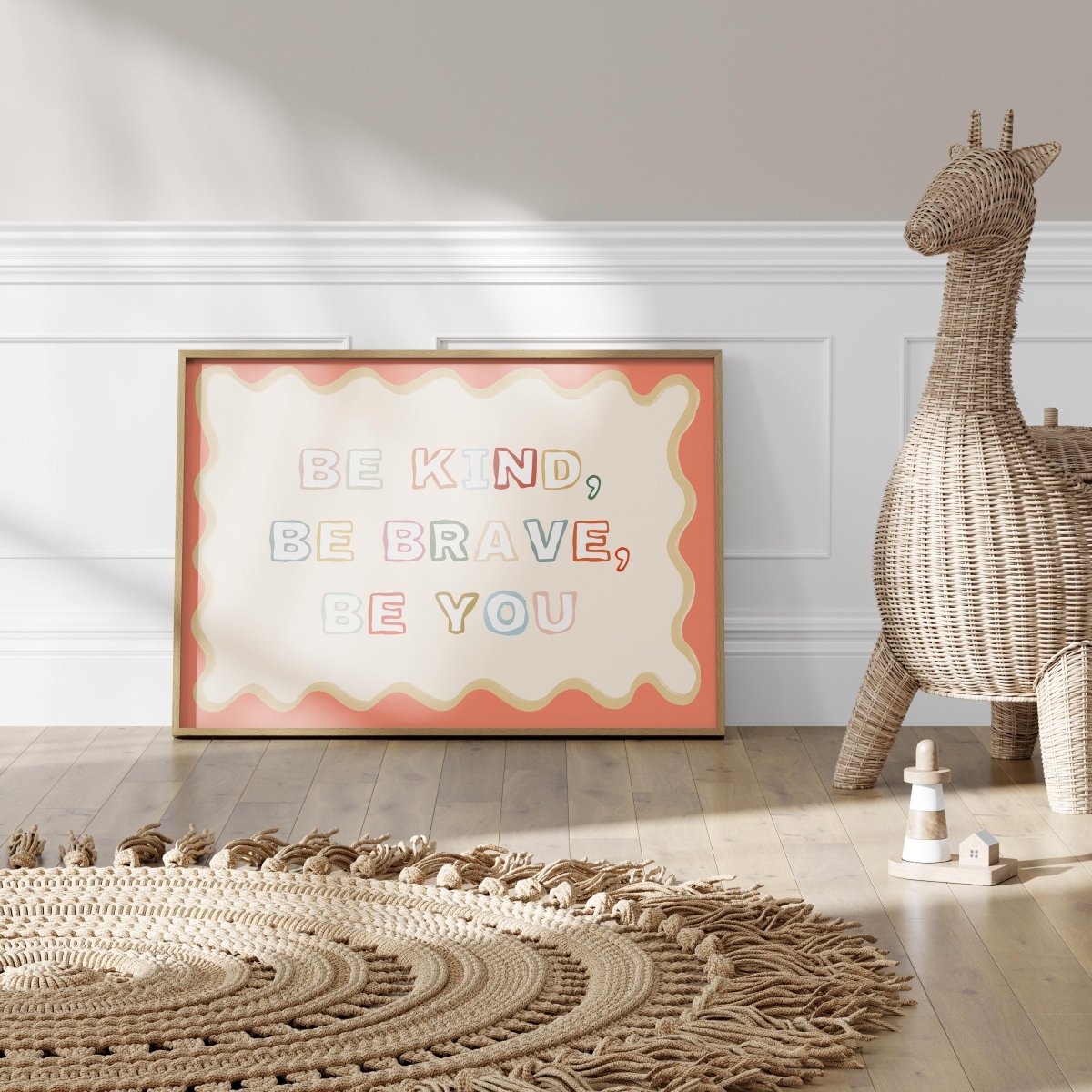 Poster for children's room · Be Kind, Be Brave, Be You · Colorful quote in rainbow colors · Encouraging wall decor · Without frame