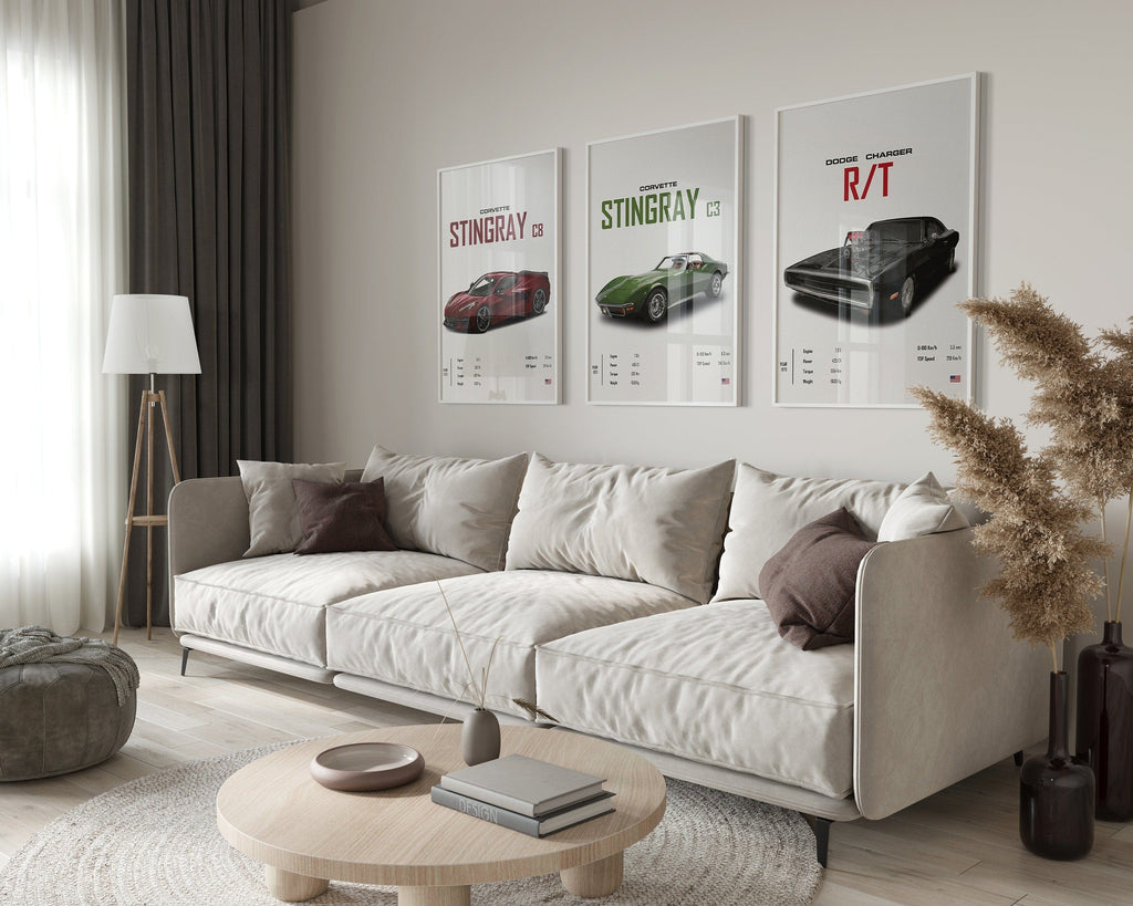 Poster Sportwagen CORVETTE Stingray C8 C3 DODGE CHARGER RTSportauto I Geschenk für ihn I Wohnzimmmer & Büro I Wand Deko I Print ohne Rahmen