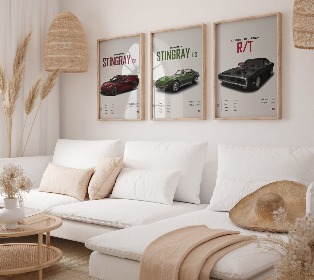 Poster Sportwagen CORVETTE Stingray C8 C3 DODGE CHARGER RTSportauto I Geschenk für ihn I Wohnzimmmer & Büro I Wand Deko I Print ohne Rahmen