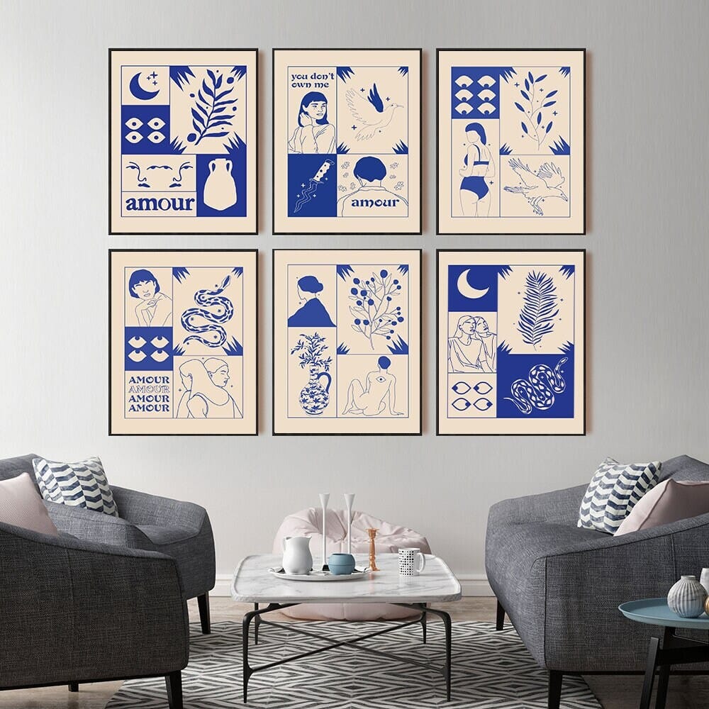 Poster Vintage Love Fortune Teller in Retro Style Love Makes You Blind in Blue as Decor Print Unframed