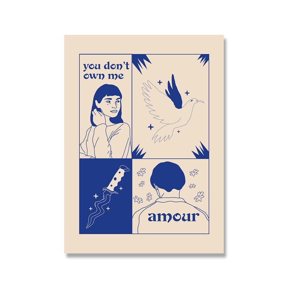Poster Vintage Love Fortune Teller in Retro Style Love Makes You Blind in Blue as Decor Print Unframed