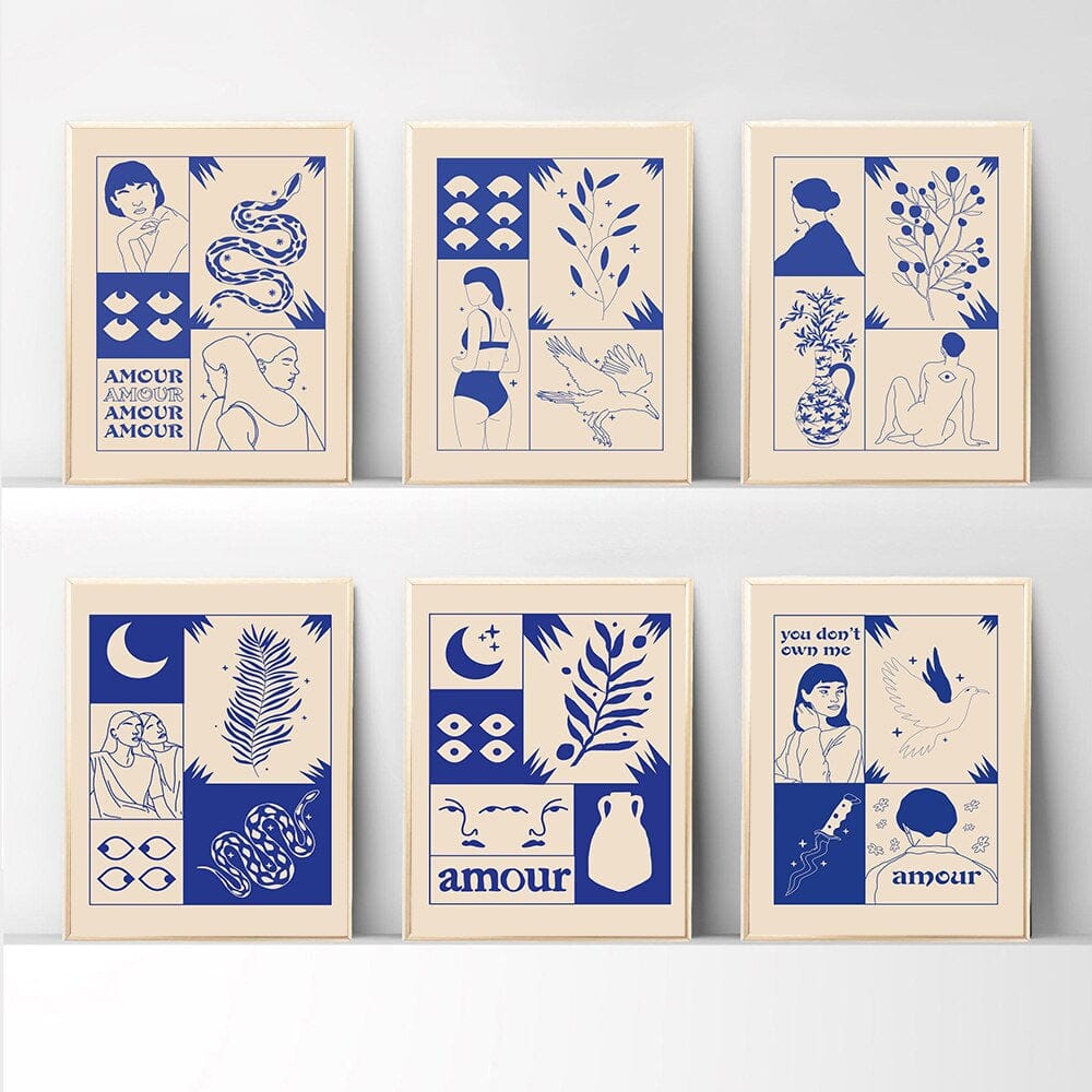 Poster Vintage Love Fortune Teller in Retro Style Love Makes You Blind in Blue as Decor Print Unframed